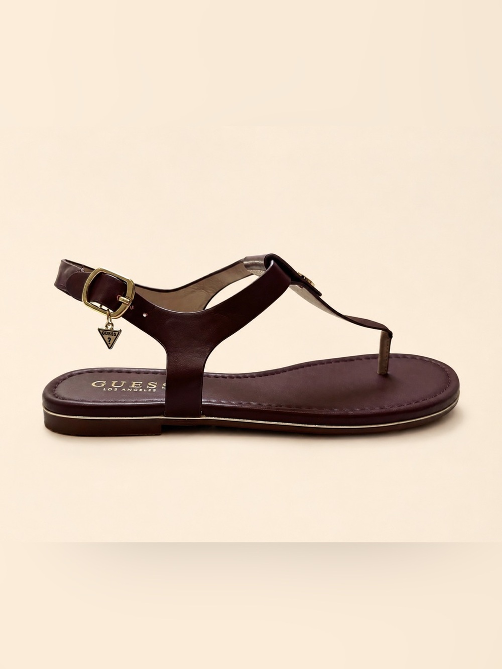 GUESS Dark Burgundy Leather T-Strap Sandals with Gold Accent